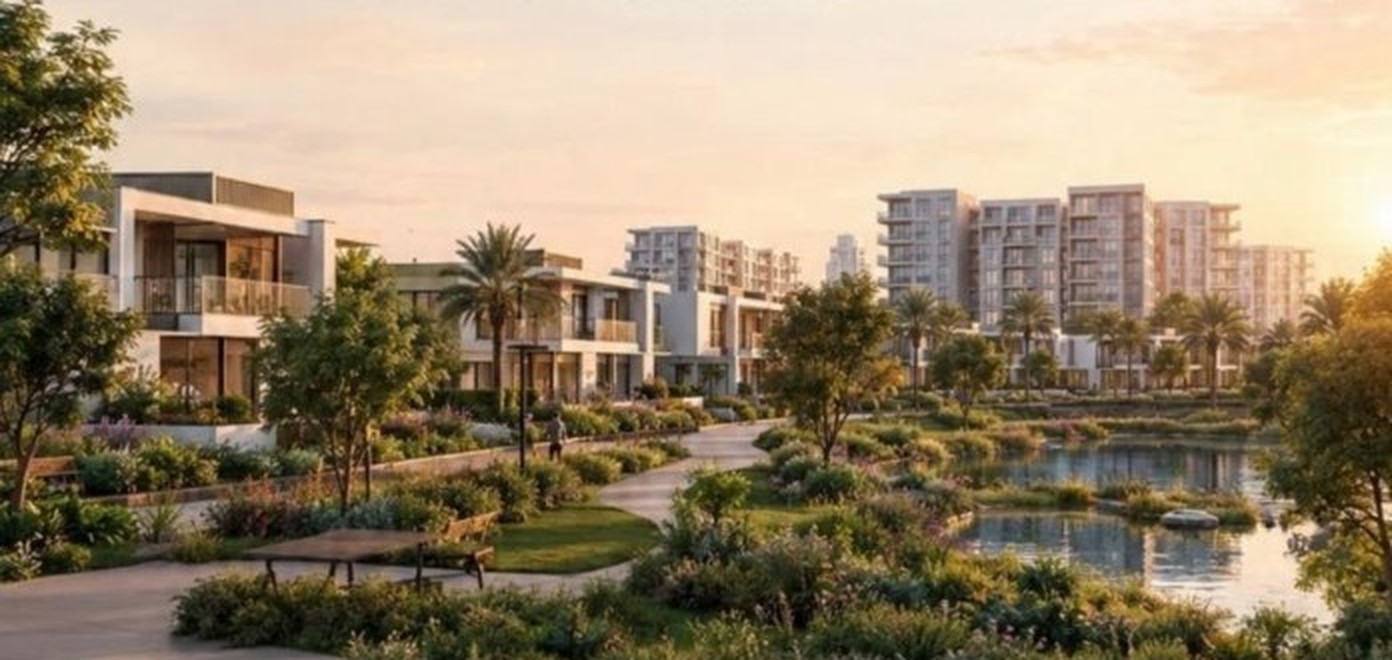Greenwoods by Aldar in Dubai Silicon Oasis: villas and apartments beside landscaped paths and water features at sunset.